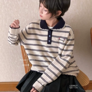 秋季学院风儿童毛衣条纹刺绣针织衫女大童polo领百搭甜美上衣童装