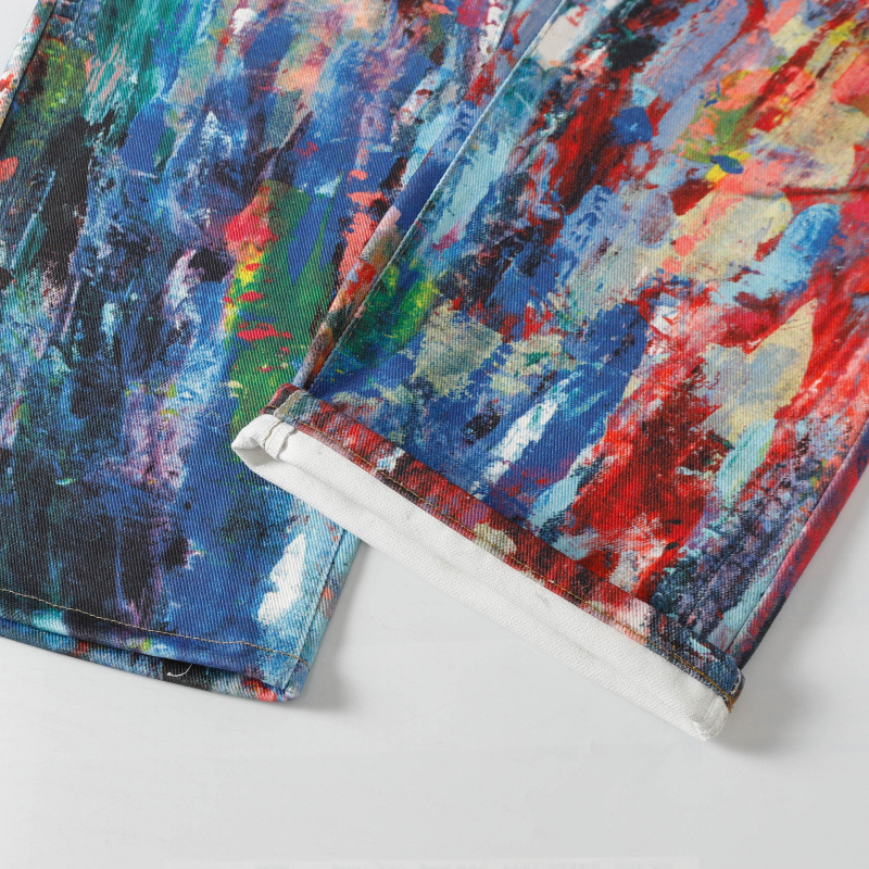 Jeans holgados de pierna ancha para hombre con estampado de tres colores y paleta de diseño de nicho con salpicaduras de tinta y pintura al óleo._voghion.com