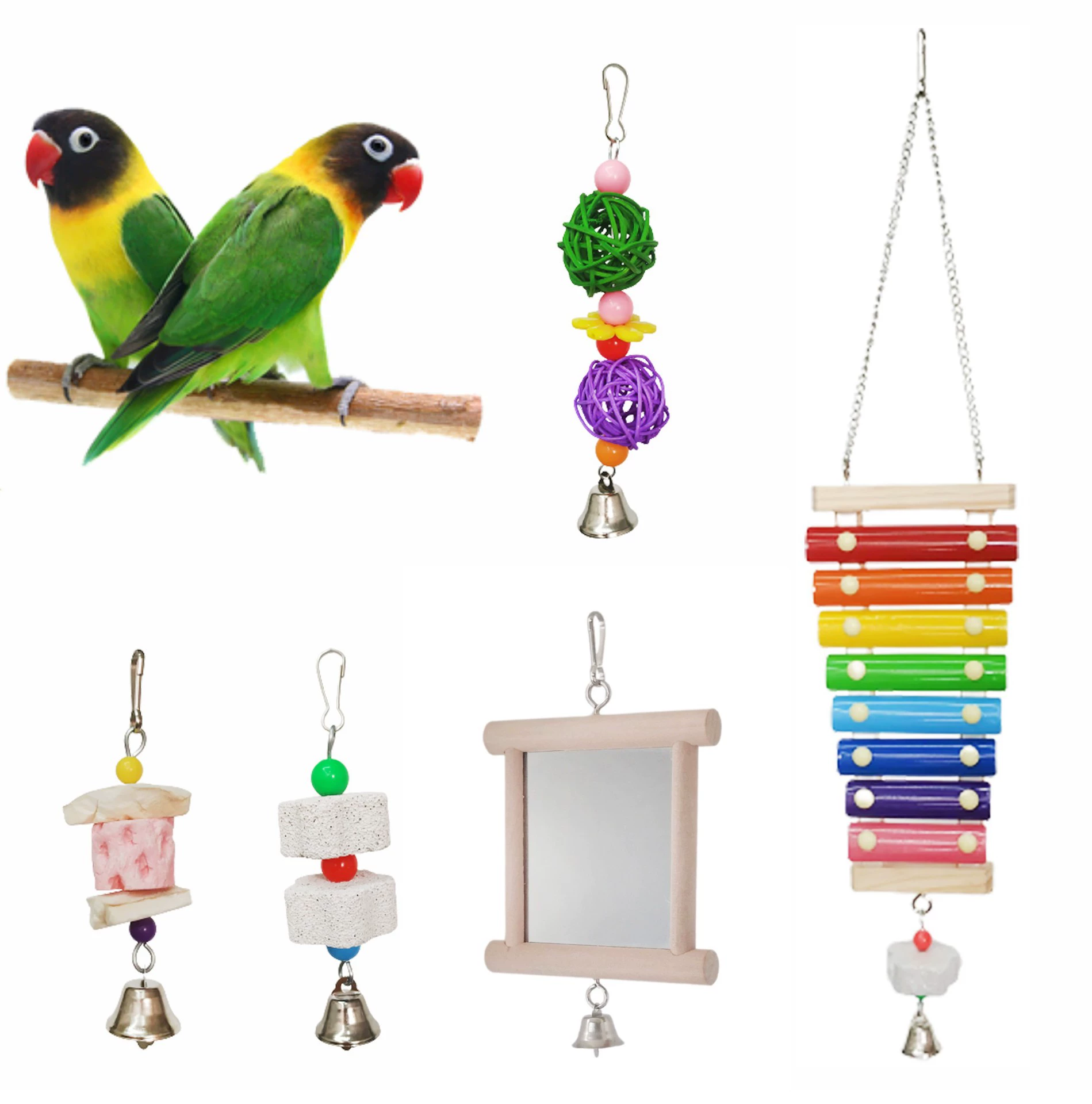 Трансграничный хит продаж набор игрушек для попугаев и птиц игра в укусы зеркало брелок пемза кость каракатицы кальциевый тростник мяч