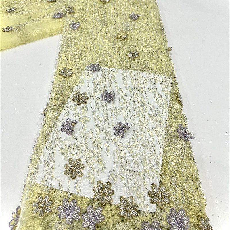 Multicolor decalca hecha a mano tubo de perlas bordado tela de malla pequeña cena de hadas fresca vestido de boda tela de vestido