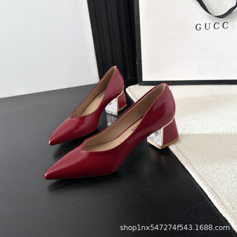 Custom French-Style Chunky Heel Pointed-Toe High Heels Patent Leather Shallow Mouth Comfortable Solid Color Versatile Formal Occasion High-End Sexy