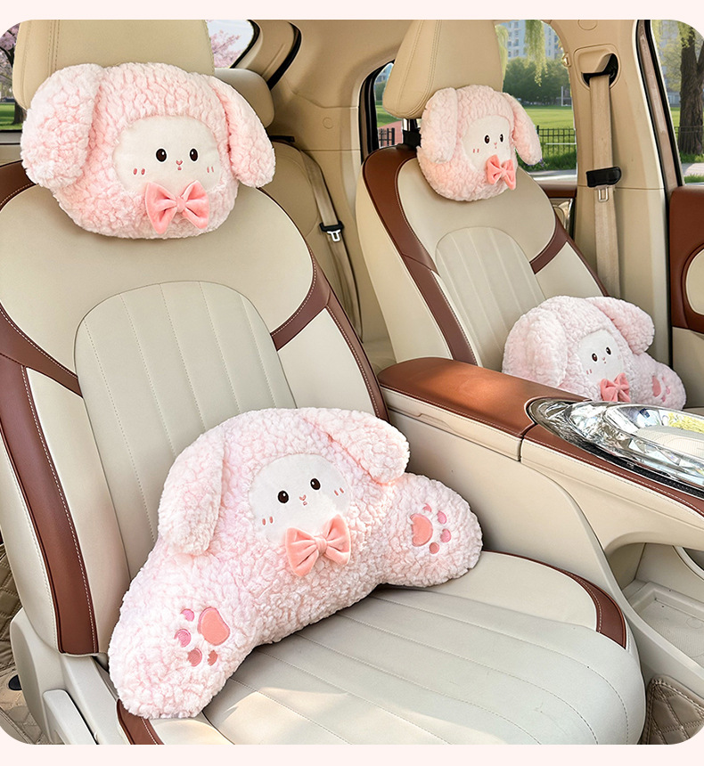 Cute Car Headrest and Lumbar Support, Comfortable Car Neck Pillow, Cartoon Creative Plush Bunny Car Lumbar Support Pillow