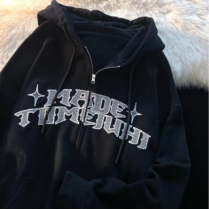 Trendy Marka Mektup Fermuarlı Sweatshirt Kişiselleştirilmiş Basit Baskılı Kapüşonlu Üst Unisex Hırka Şık Ceket_voghion.com