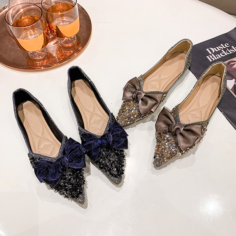 universal woven shoes pointed-toe with bow with rhinestones