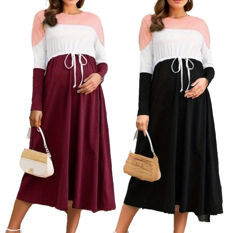 Factory Direct in stock round neck long sleeve maternity dress color matching pregnancy gift fashion dress Factory Direct in stock round neck long sleeve maternity dress color matching pregnancy gift fashion dress