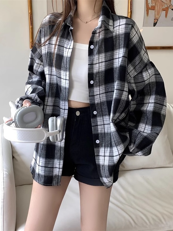 美式复古长袖格子衬衫外套女款2025新款夏款小众宽松衬衣外穿上衣|undefined