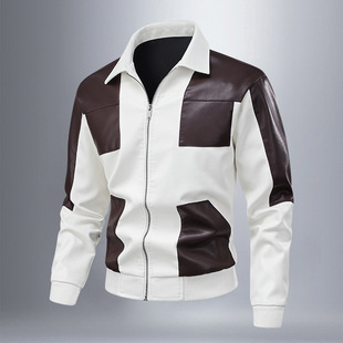 Free Shipping Contrasting Color Splicing Motorcycle Clothing Spring and Autum New Men's Cycling Racing Clothing Lapel Pu Leather Jacket Jacket