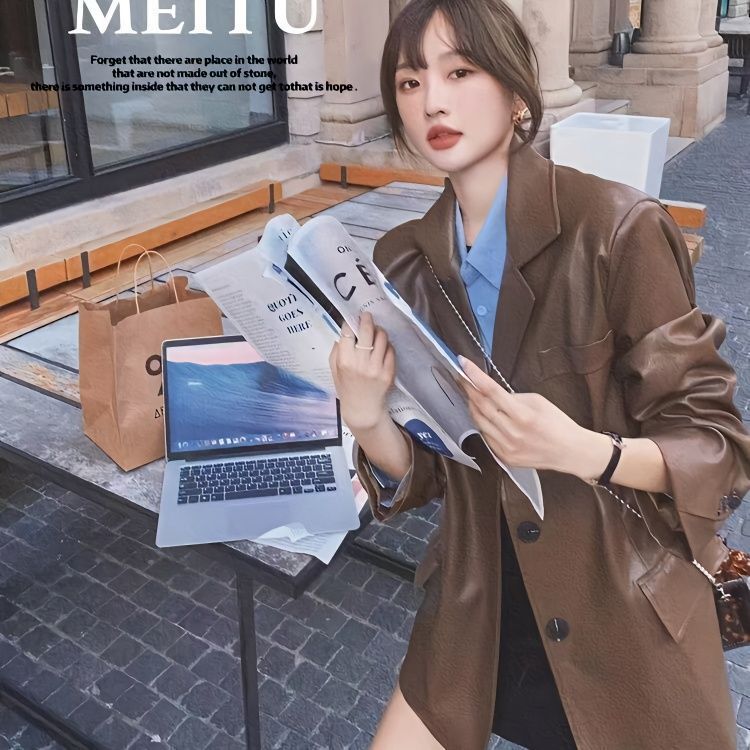Brown Leather Jacket for Women 2025 Spring & Fall New Fashion Loose British Style Small Suit Style Suit Jacket Pu Leather