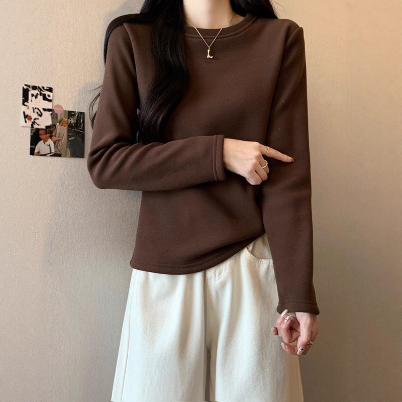 双面德绒圆领打底衫女内搭2025春秋新款修身高弹显瘦保暖长袖秋衣|undefined