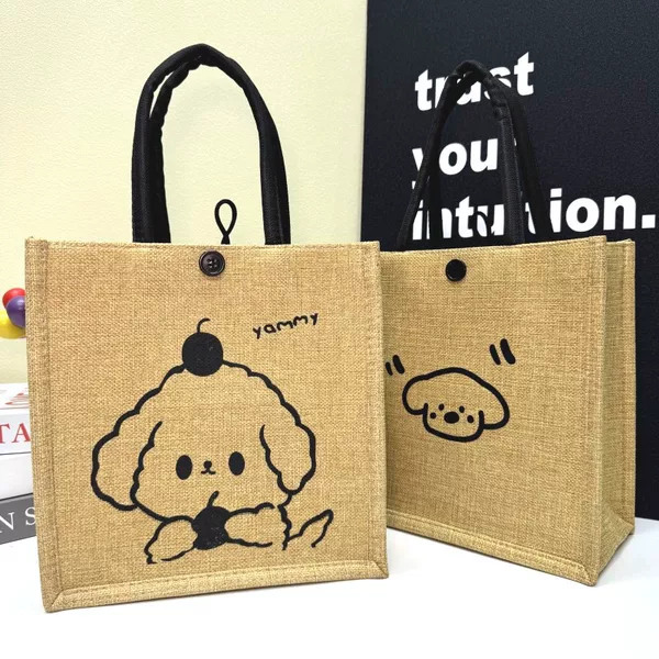 Cute Kt Printed Linen Tote Bag for Women, Jute Cartoon Cat Eco-Friendly Shopping Bag, Ins Birthday Gift