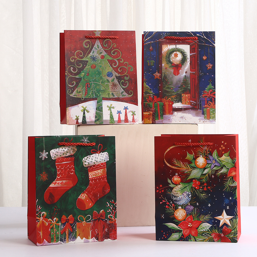 卡通白卡纸袋批发购物袋圣诞花环手提袋印花派对糖果包装袋礼品袋