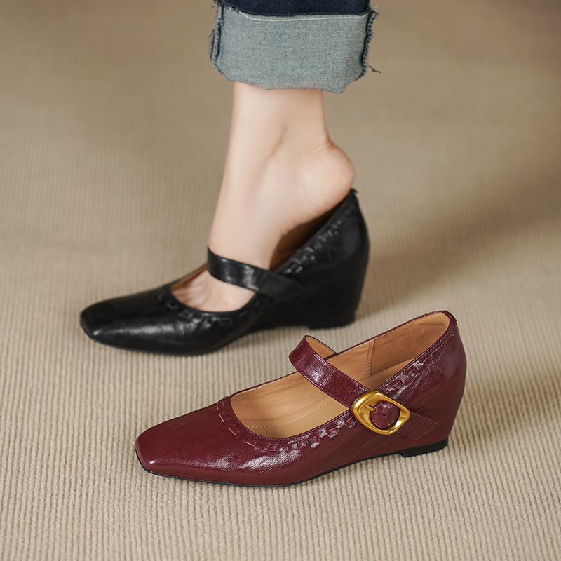 Giày Mary Jane nữ quai ngang da cừu gót thô 5 cm phong cách Pháp cổ điển — đen