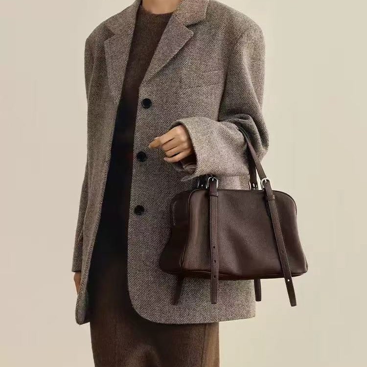[New Year Gift] 2026 Vegetable-Tanned Sheepskin Bowling Bag For Women Retro Casual Commuter Genuine Leather Shoulder Bag - Thumbnail 4