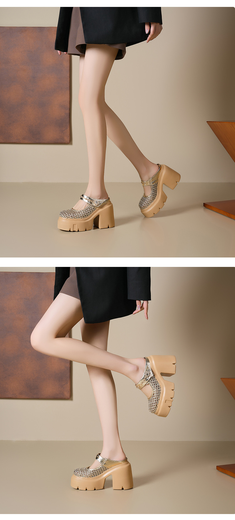 Sandal bít mũi đế dày 12cm tăng chiều cao, dệt lưới rỗng, dép lê cao gót Muller — Màu đen, Màu vàng nhạt, Màu trắng chi tiết 7
