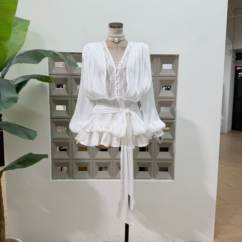 Amazon Streamer Dress with Flowing Gauze and Lace, Faux Two-Piece Long-Sleeve Waist-Cinching Shirt Dress with Shorts Amazon Streamer Dress with Flowing Gauze and Lace, Faux Two-Piece Long-Sleeve Waist-Cinching Shirt Dress with Shorts