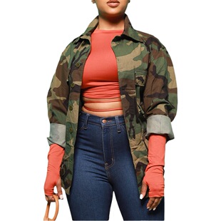 S390420 European and American Women's Long Casual Fashion European and American Camouflage Printed Large Pocket Lapel Coat for Women