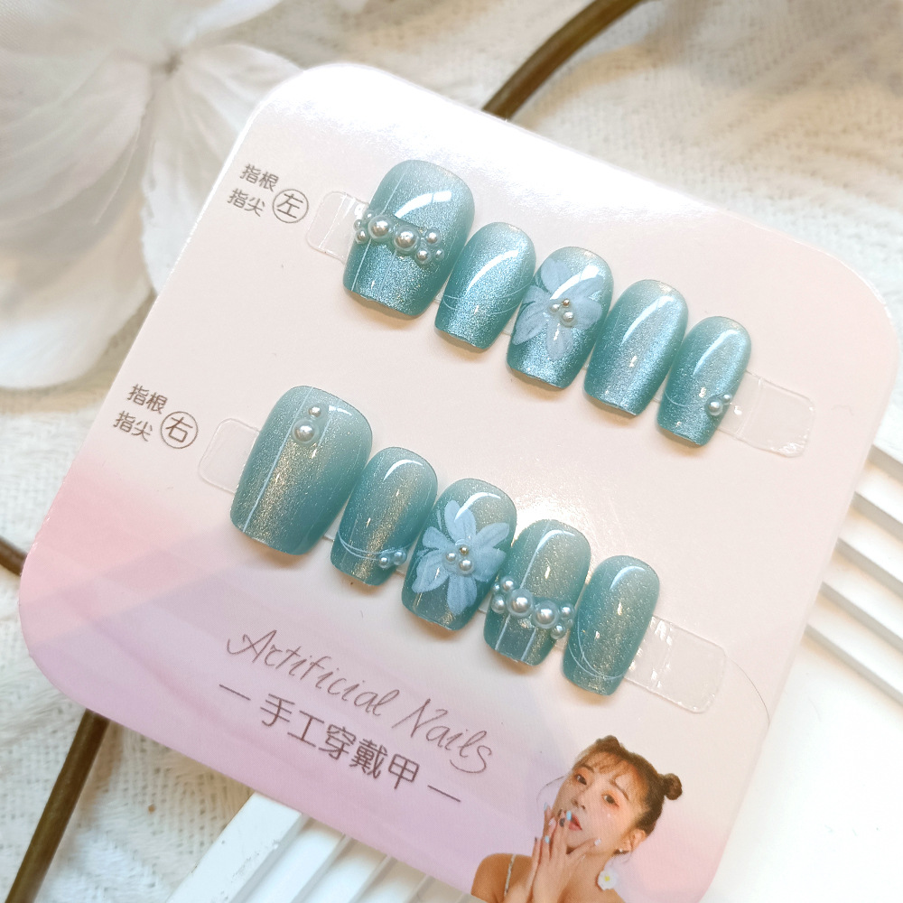 Camellia flor, parche de uñas de fototerapia simple, perla de uñas, 10 piezas de código decimal, uñas de ojo de gato hechas a mano.
