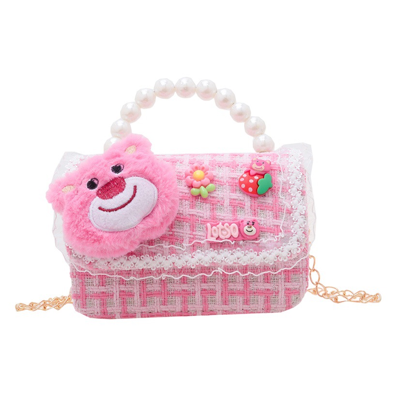 2023 new children's messenger bag girls' bag little girl Strawberry bear cute cartoon shoulder Pearl handbag