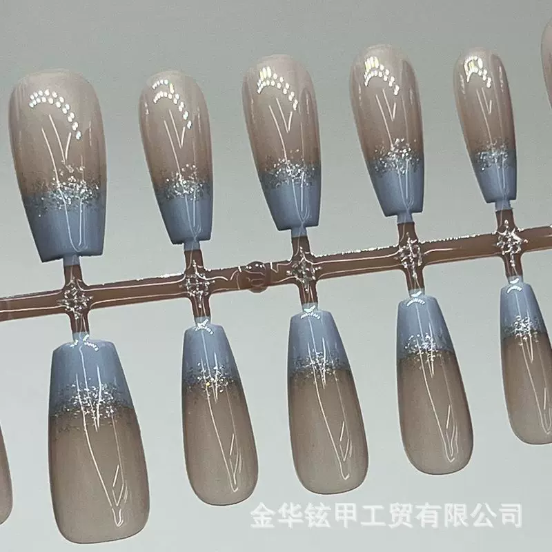 美甲穿戴甲打版甲片无痕软甲纯手工30片长T蓝色法式银粉裸色穿戴