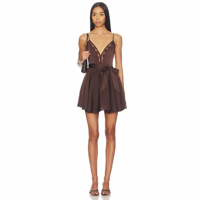 Early autumn new product Bardo* 2026 dark brown lace bow belt design French-style suspender dress Early autumn new product Bardo* 2026 dark brown lace bow belt design French-style suspender dress
