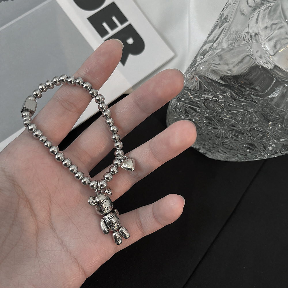 Mechanical Bear Love Heart Couple Stainless Steel Korean Ins Niche Elastic Rope Beaded Bracelet_voghion.com