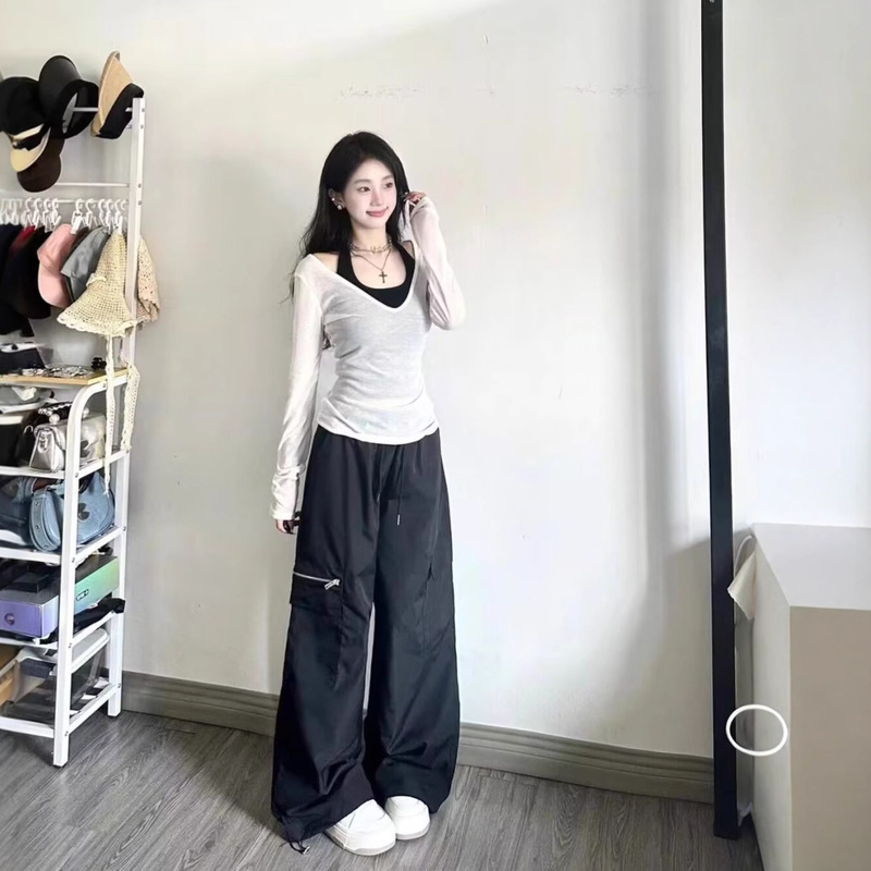 三件套女2025秋季纯欲风辣妹防晒长袖罩衫上衣吊带背心高腰阔腿裤|undefined