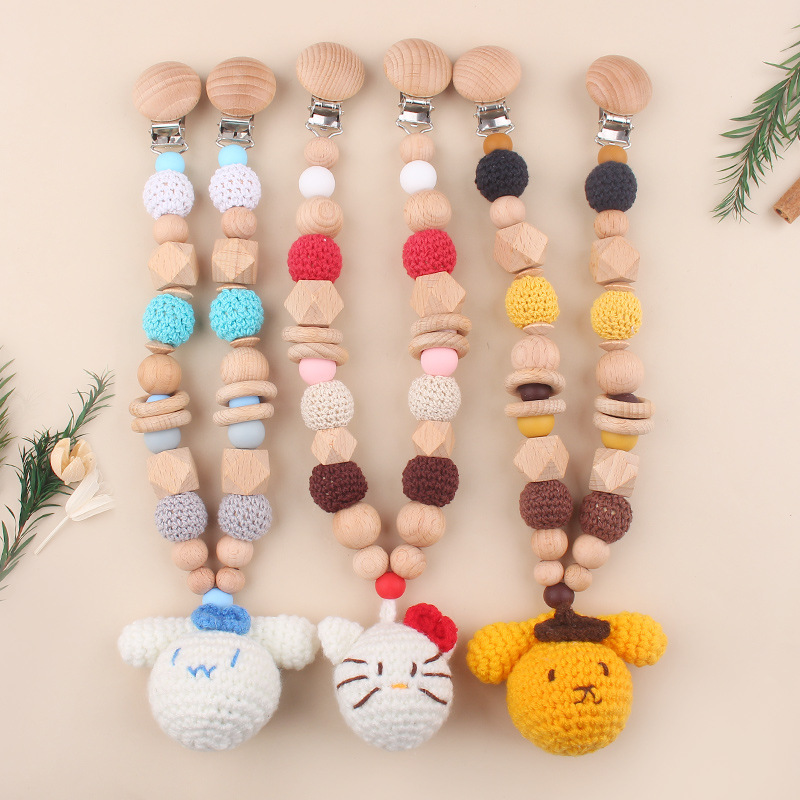 Cadena de chupete de bebé Campana de cama de bebé de madera Muñeca de ganchillo cordón anti-pérdida Cochecito de bebé Hanging toy