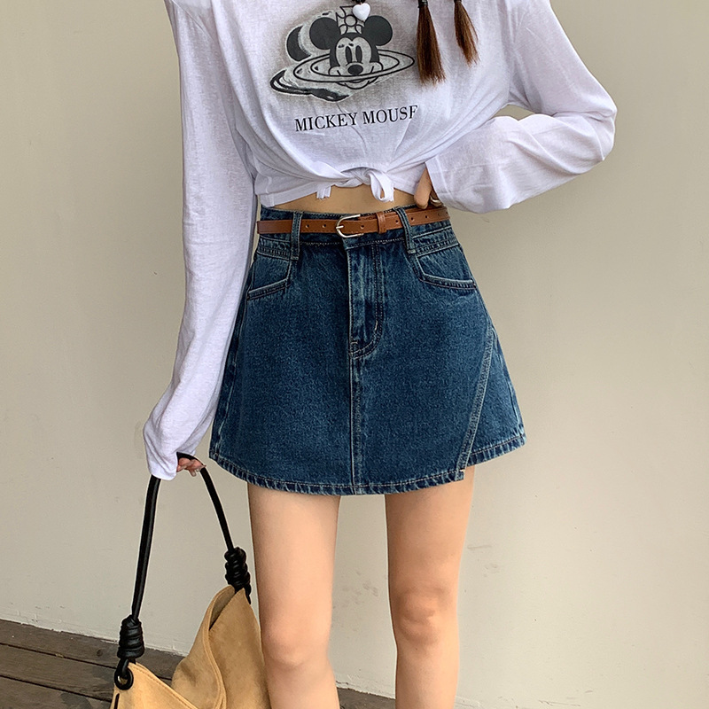Umaniti Korean Modern Dark Blue Denim Short Skirt Pants for Women, Summer Vacation Two-Piece Hot Girl High-Waisted A-Line Skirt Pants, Slimming Effect