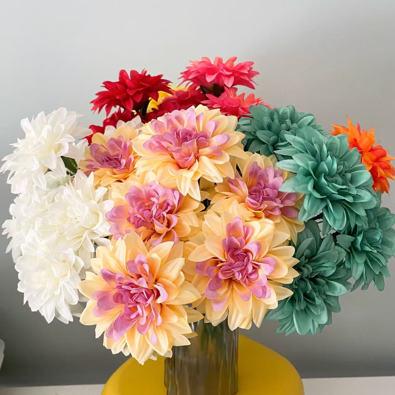 Cross-Border Artificial Flowers 7-Headed Dahlia Home Decoration Bouquet Chrysanthemum Shopping Mall Landscaping Arrangement Flower Bed Flower Arrangement Wholesale