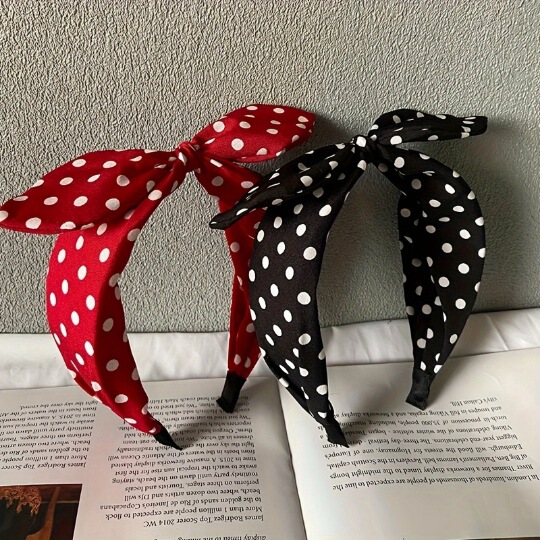 New South Korea Headband Retro Hong Kong Style Bow Rabbit Ears Sweet Fabric Simple Wide Edge Wave Dot Headband for Women