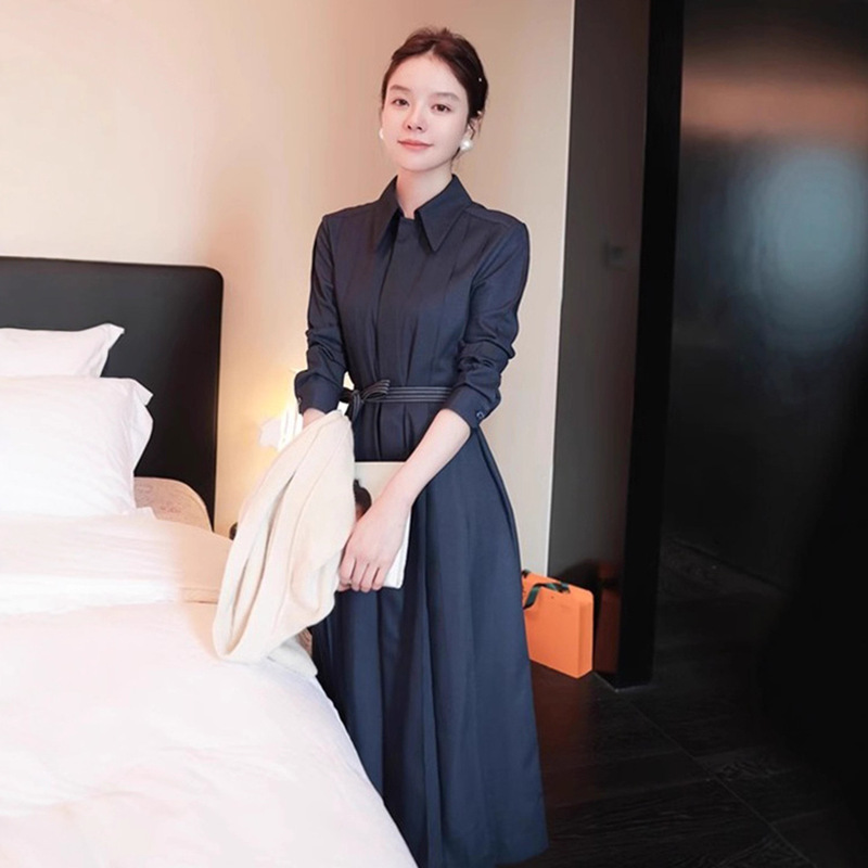 French Formal Occasion Dress Women's Autum New Design Waist Slimming Look Mid-Length Navy Blue Skirt