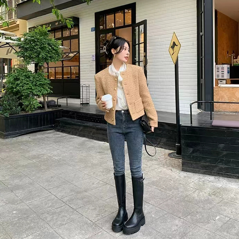 Uva mamá 2023 Otoño e Invierno Nuevo tacón grueso de suela gruesa pequeñas botas altas cremallera lateral botas de montar a la rodilla para las mujeres
