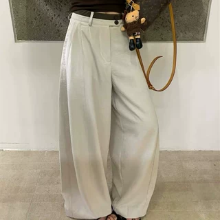 韩系2026夏高腰显瘦拼色亚麻阔腿休闲裤女黑色垂感拖地弯刀裤长裤