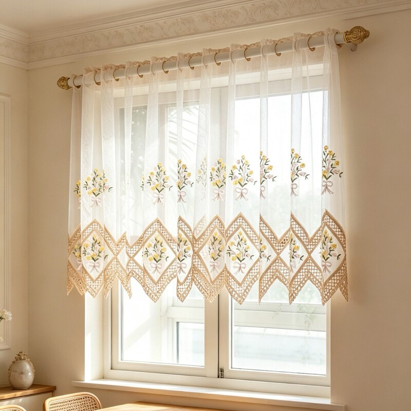 French-style embroidered sheer curtains, fresh and delicate hollow lace short curtains, semi-transparent sheer curtains, finished products for cross-border wholesale French-style embroidered sheer curtains, fresh and delicate hollow lace short curtains, semi-transparent sheer curtains, finished products for cross-border wholesale