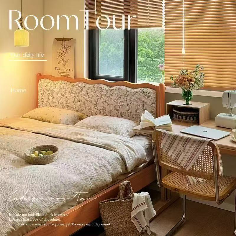 Scandinavian Style French Retro Solid Wood Bed Log Color 1.5 Small Apartment Thick Antique Style 1.8 Double Printed Kidsren's Bed