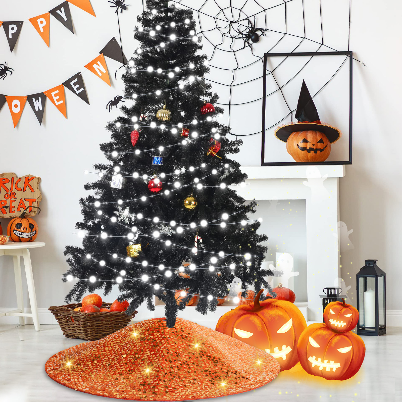 Halloween transfronterizo de alta calidad brillante perlas falda de árbol delantal naranja creativo atmósfera de vacaciones accesorios de árbol decoración