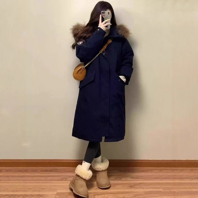 College Style Navy Blue Long Parka down Jacket for Women Winter with Large Fur Collar, Workwear Coat for Petite Figures