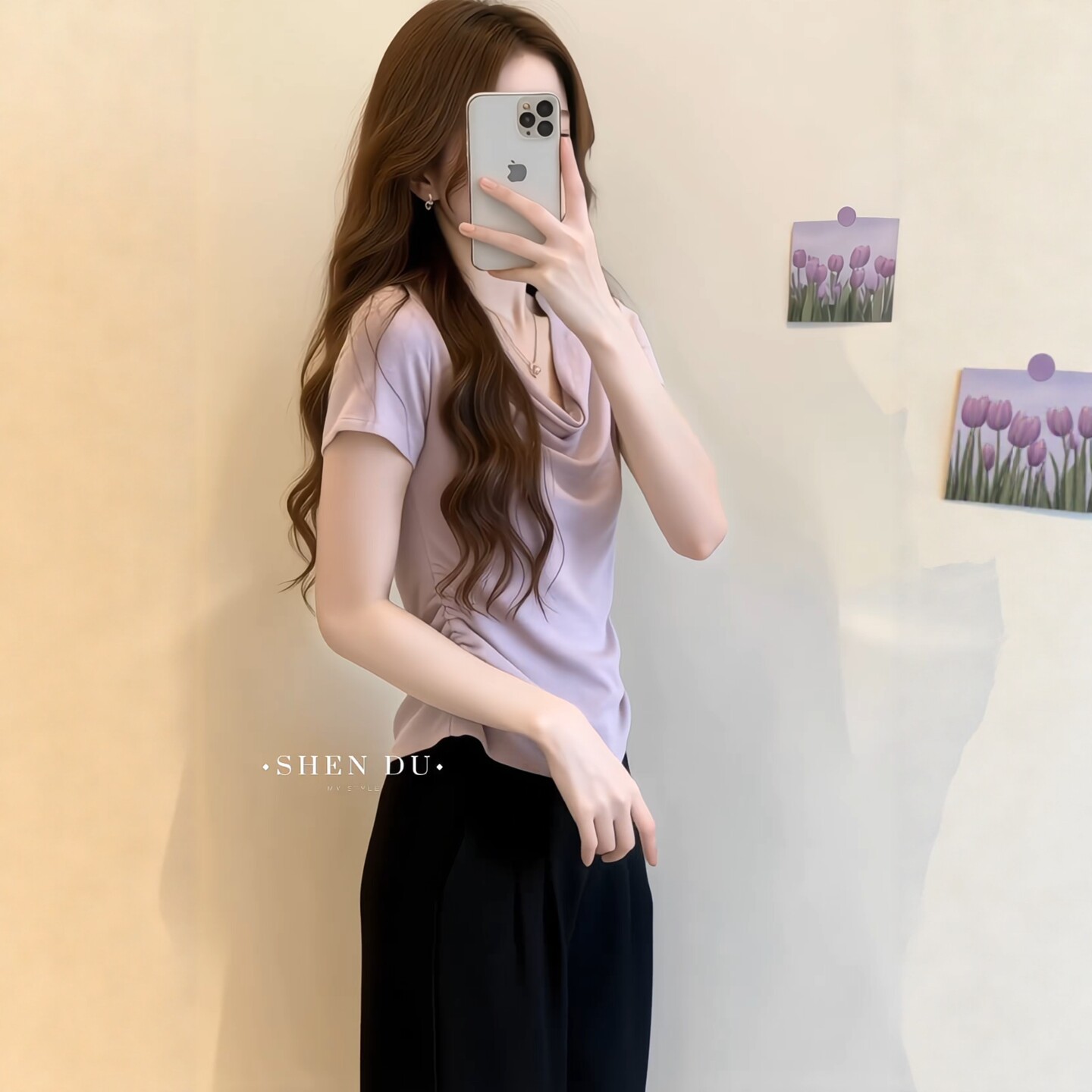 Áo thun tay ngắn cổ tròn màu tím phối nếp gấp eo che bụng cho nữ — Màu ảnh chi tiết 4