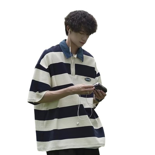 Vintage American-style striped t-shirt for men and women, summer loose and versatile college-style couple's POLO shirt, short-sleeved trendy