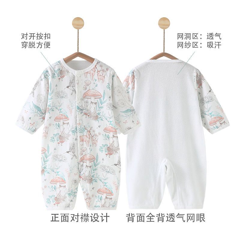哇哇婴儿连体衣夏季薄款后背网眼棉男女宝宝新生衣服长袖空调服