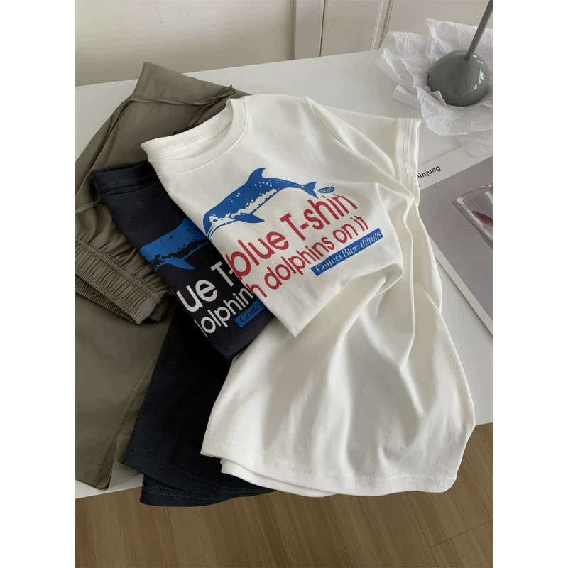 YS8 летняя освежающая футболка с принтом акулы, женская свободная повседневная корейская футболка с круглым вырезом и короткими рукавами, утягивающая футболка