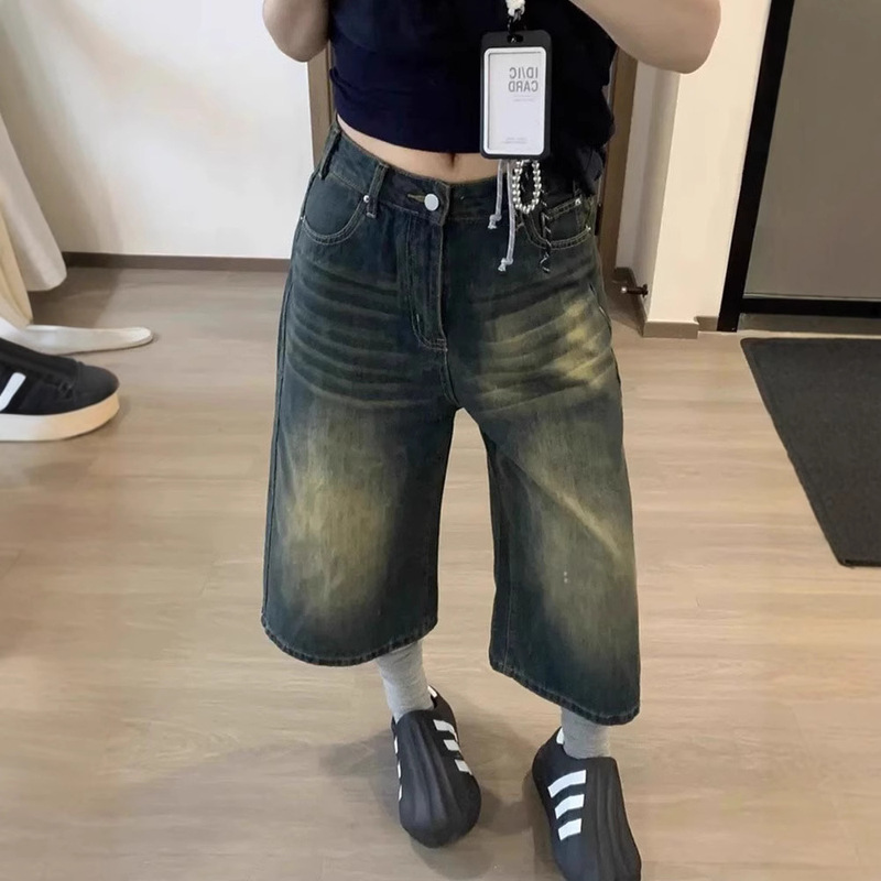 Plus Size Cropped Denim Shorts for Women, Summer, Suitable for Curvy Pear-Shaped Figures, Loose and Slimming, High-Waisted, Straight-Leg, Wide-Leg Mid-Length Shorts