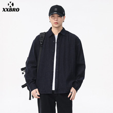 xxbro男装#秋冬款复古潮牌百搭宽松亚麻蓝色长袖衬衫男士休闲外套