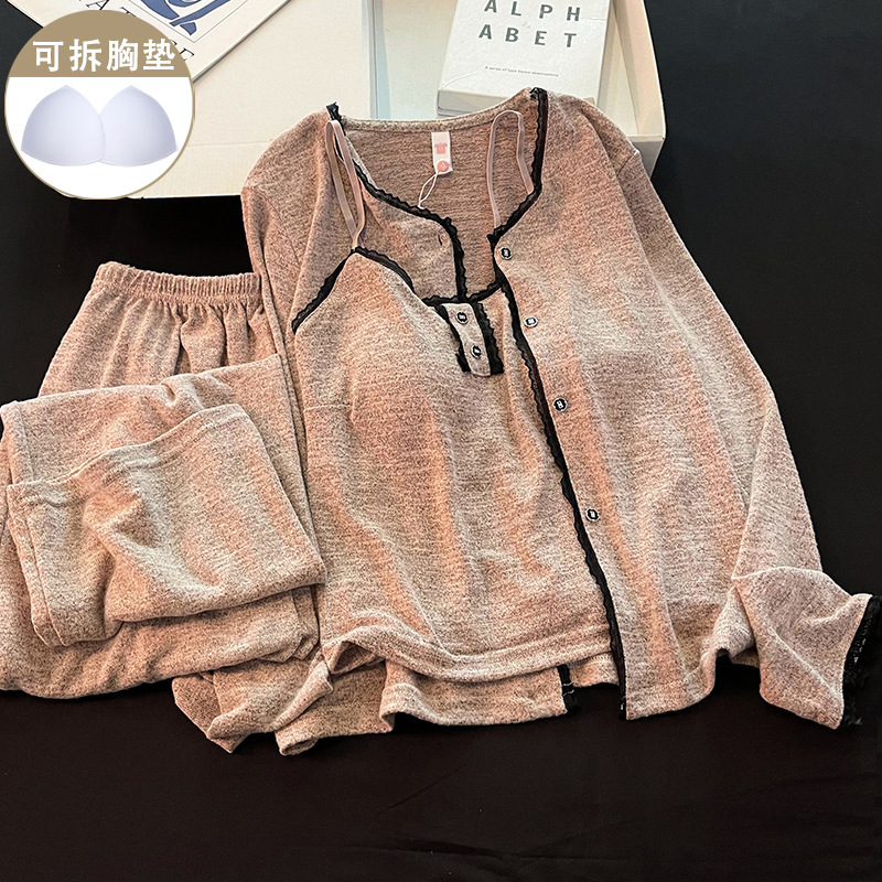 韩国爆款睡衣女秋冬季带胸垫吊带三件套2025年新款加厚纯棉家居服|undefined