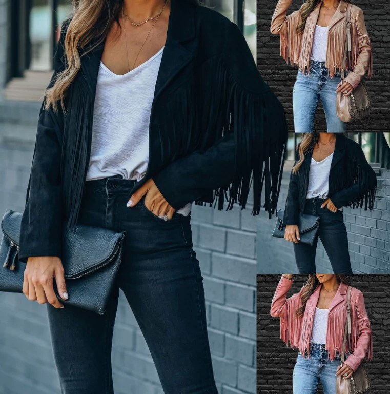 Amazon внешнеторговая женская одежда осень новый облегающей топ трансграничный длинный рукав кисточка куртка женский