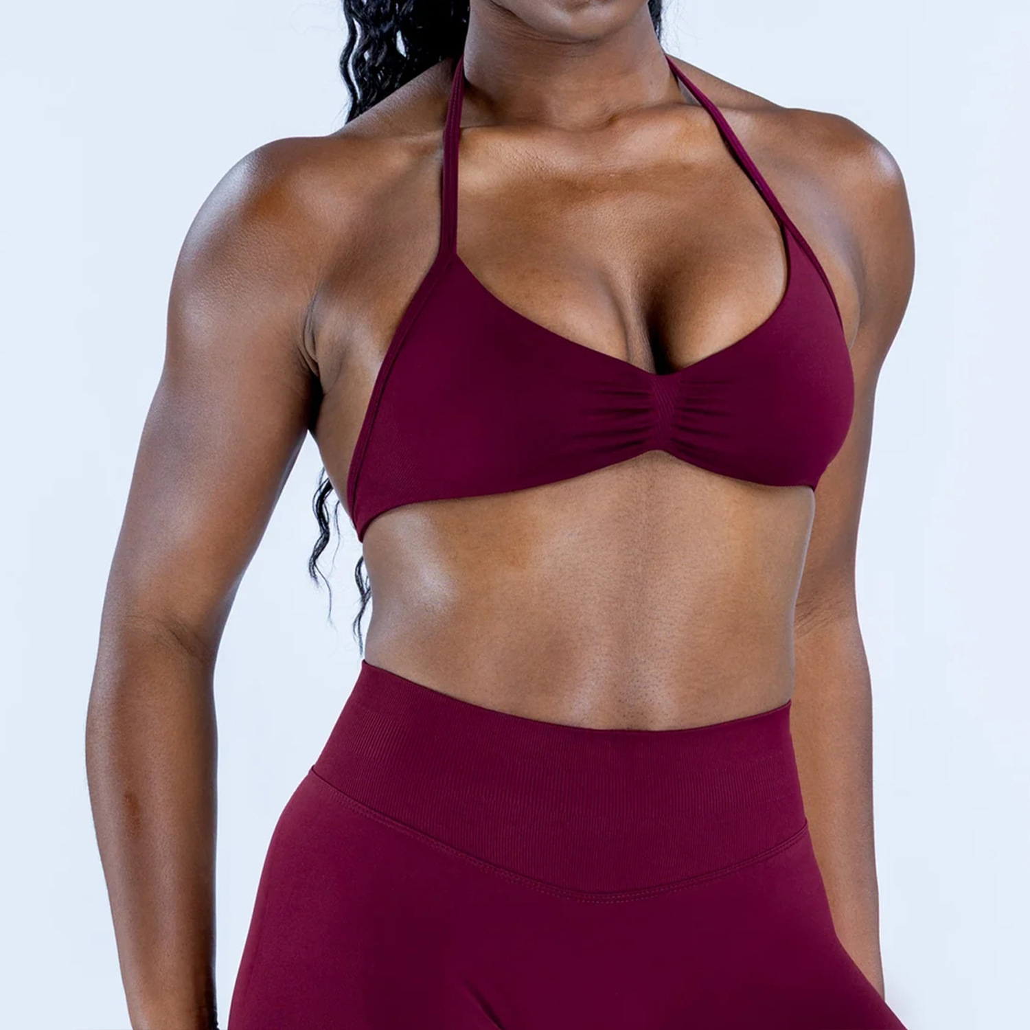 Conjunto DF Amazon pantalones cortos explosivos sujetador pequeño alto elástico superfino nailon halter cuello hermoso chaleco deportivo trasero