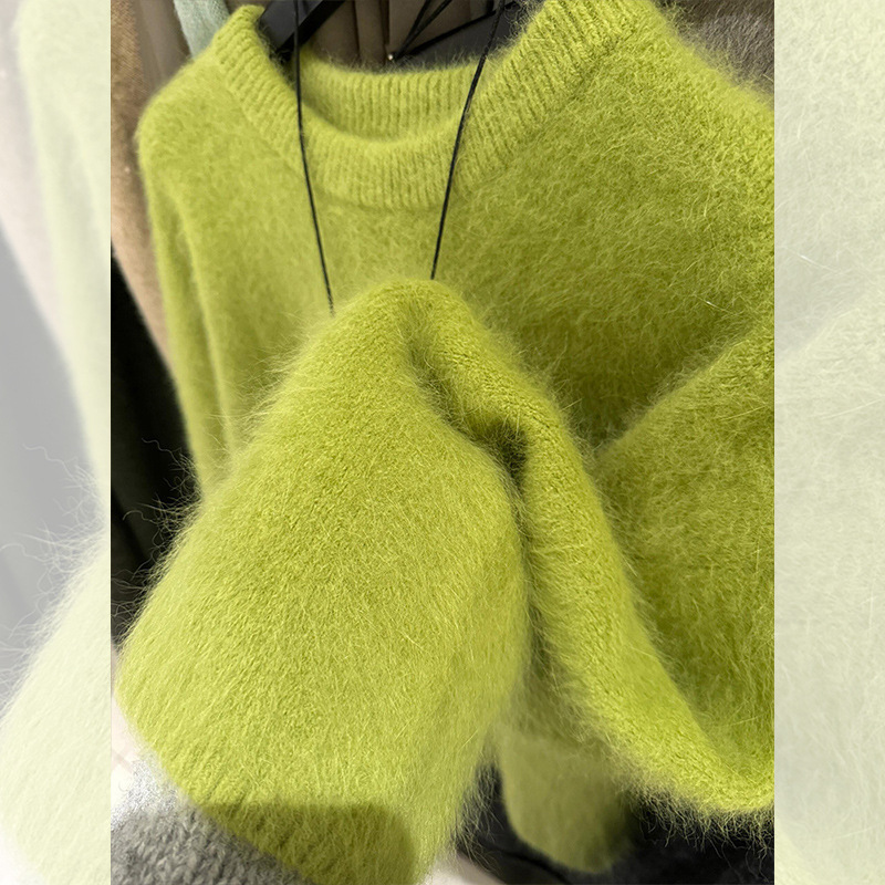 Soft Outer Wear Green Round Neck Pullover Sweater for Women Mohair Mink Velvet Thick High-Grade Waxy Milk Fufu Autumn and Winter Top