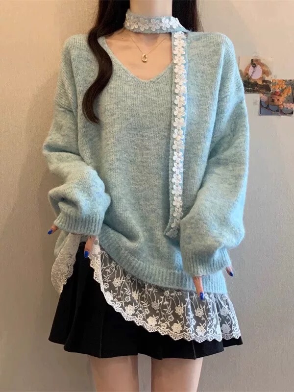 2025秋冬新款飘带蕾丝拼接V领套头毛衣女宽松甜美温柔针织衫上衣|undefined