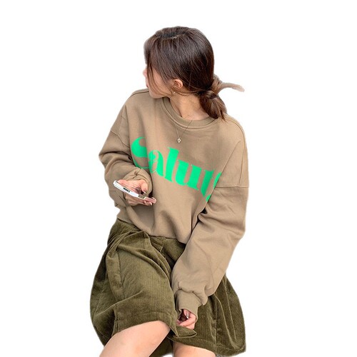 Korean-style crewneck sweatshirt for women—autumn/winter new arrival, loose-fit, slimming, laid-back style, American retro print, fleece-lined top.