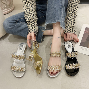 Spring and summer new Korean style rhinestone slippers Women's Mid Heel large size Roman foreign trade sandals golden lace low heel slippers
